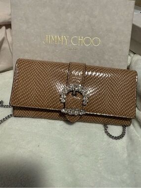 Jimmy Choo Cheri Brown Snake-Embossed Crystal Buckle Clutch